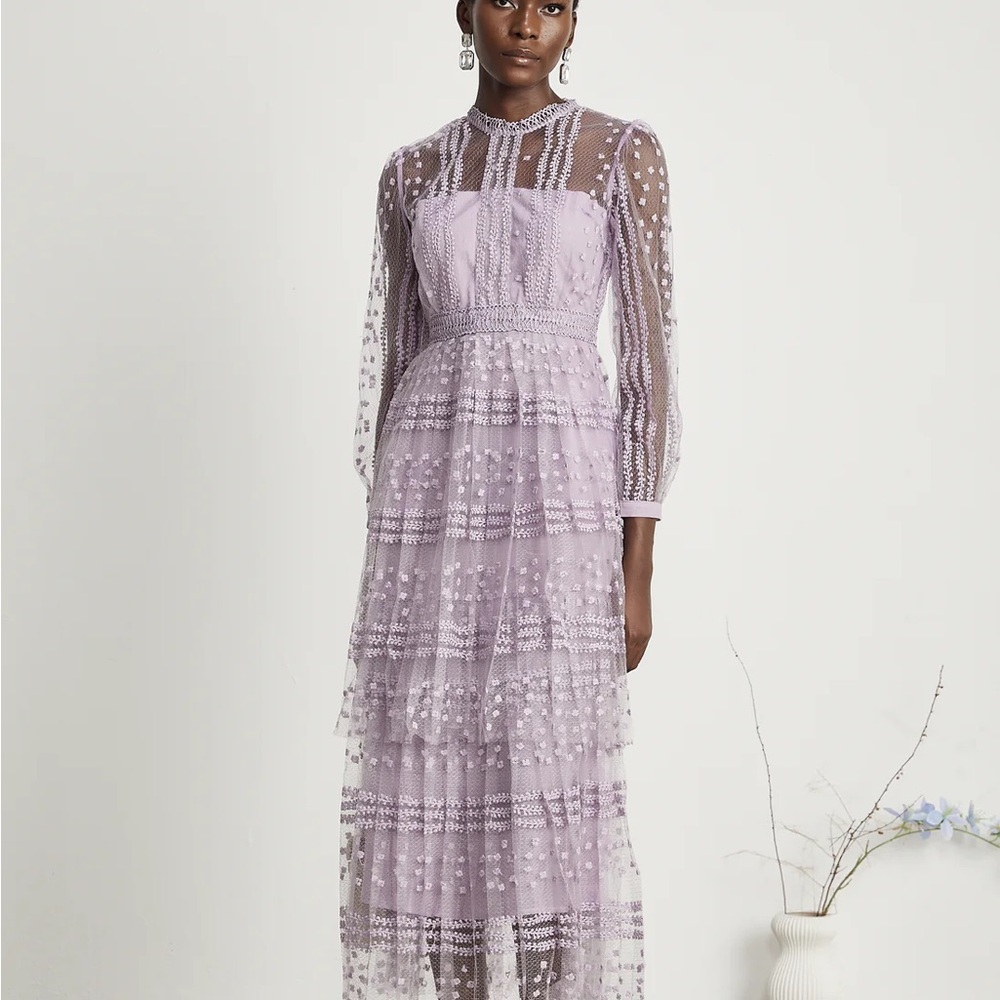 Purple Tiered Gown with Bishop Sleeves and Mock Neck